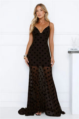 Sultry Polka Dot Velvet Maxi Dress Black